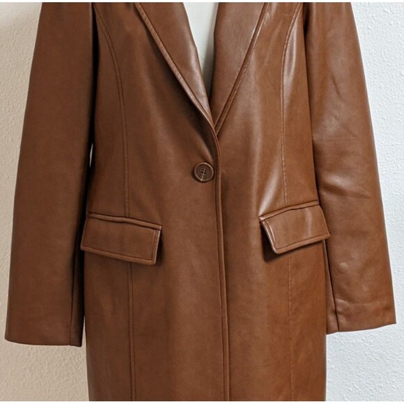 With The Girls By Avec Les Filles Brown Faux Leather Vegan Trench Coat Size M - Picture 4 of 13